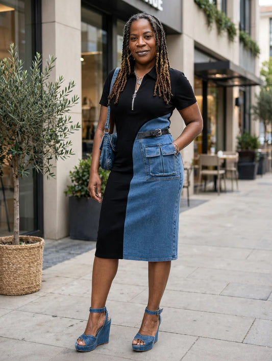 Full Size Color Block Denim Patchwork Short Sleeve Midi Dress Plus Size
