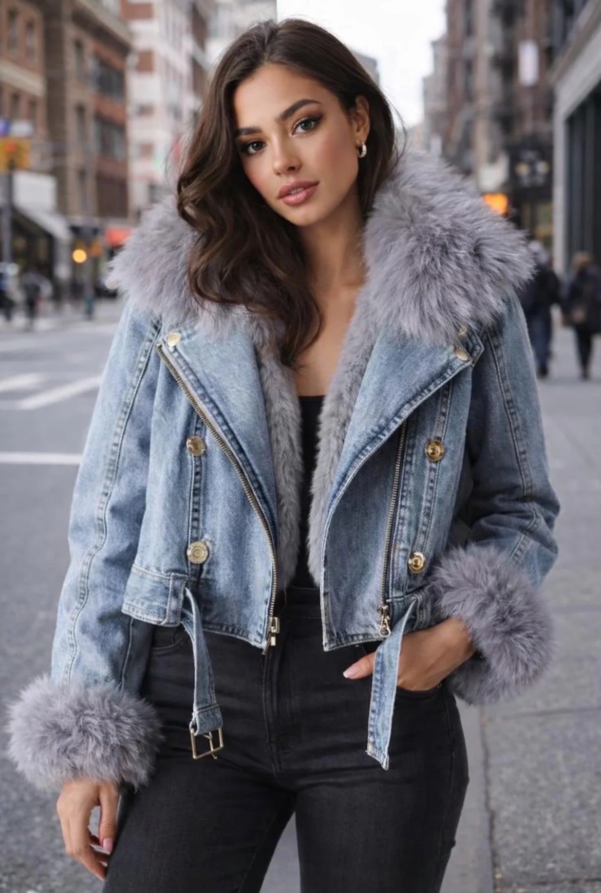 Full Size Faux Fur Collar Denim Jacket Plus Size