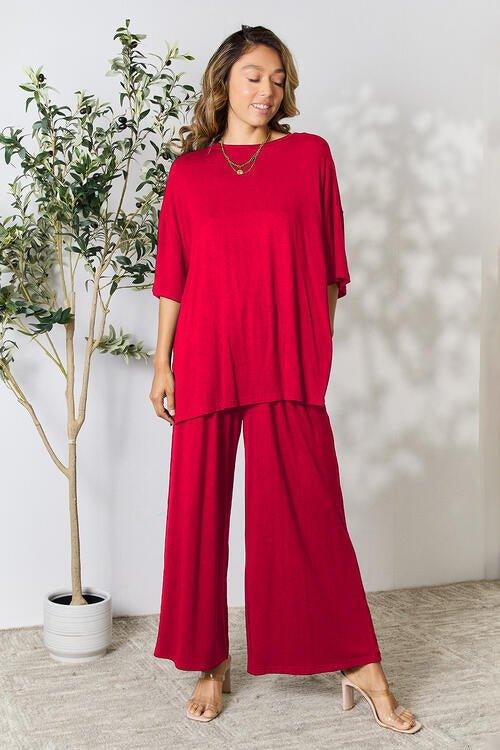 Double Take Full Size Round Neck Slit Top and Pants Set - Coquettish Lingerie and Body Aesthetics